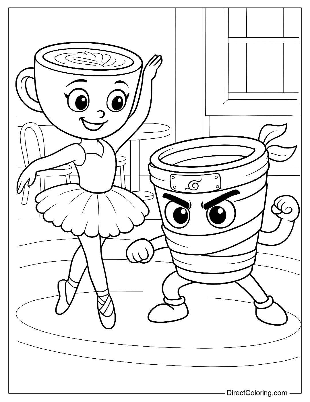 a coloring page of Cappuccina and Cappuccino Assassino practicing their dance together
